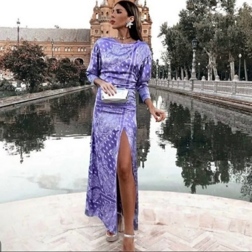 Zara Satin Lilac Paisley Dress With Slit